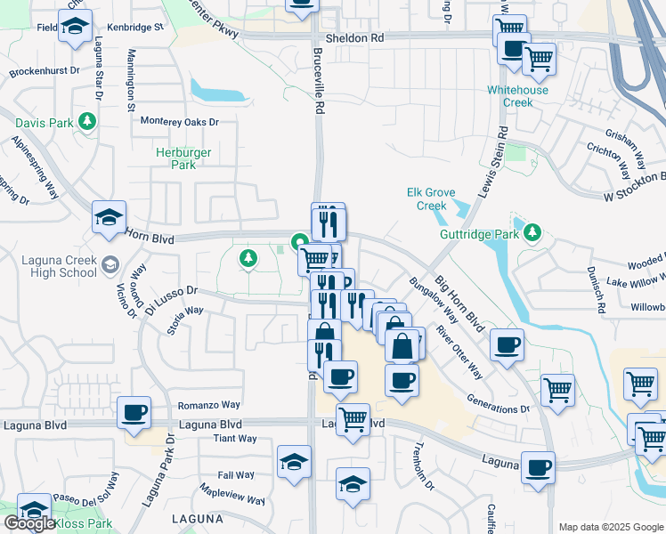 map of restaurants, bars, coffee shops, grocery stores, and more near 9015 Bruceville Road in Elk Grove