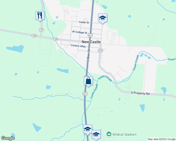 map of restaurants, bars, coffee shops, grocery stores, and more near 326 South Main Street in New Castle