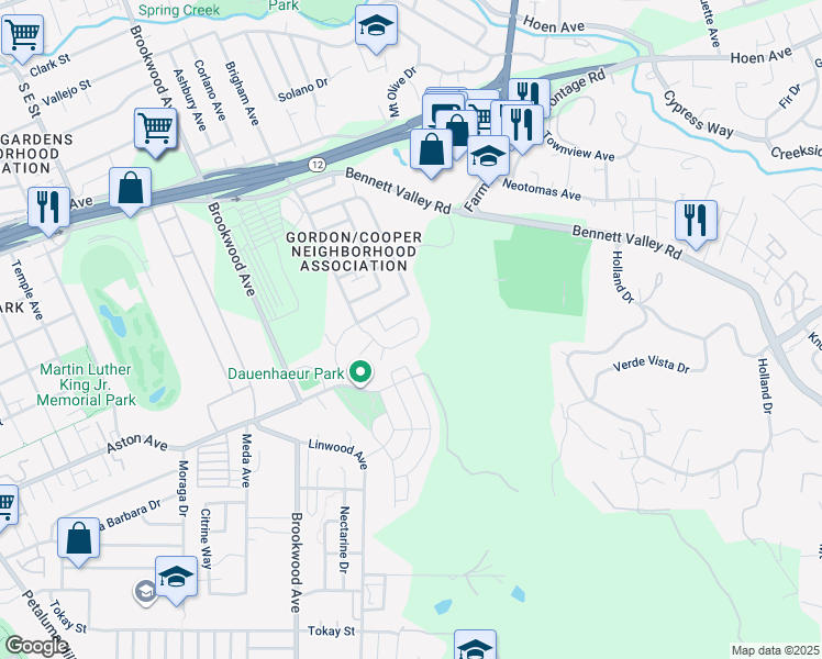 map of restaurants, bars, coffee shops, grocery stores, and more near 1392 Gordon Lane in Santa Rosa