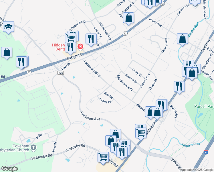 map of restaurants, bars, coffee shops, grocery stores, and more near 126 Pleasant Hill Road in Harrisonburg