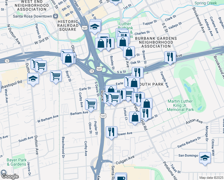 map of restaurants, bars, coffee shops, grocery stores, and more near 419 Earle Street in Santa Rosa