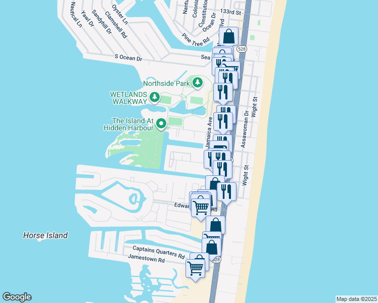 map of restaurants, bars, coffee shops, grocery stores, and more near 12301 Jamaica Avenue in Ocean City