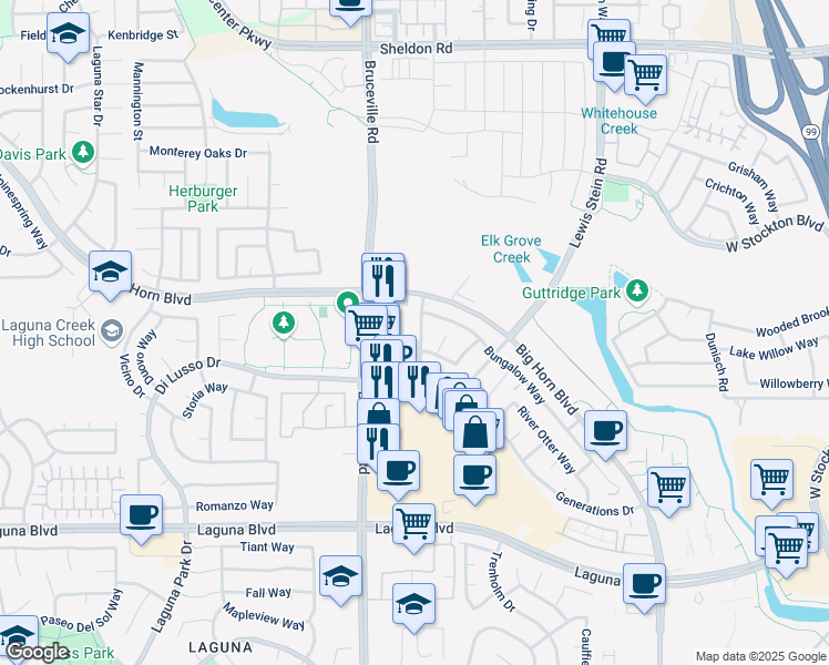 map of restaurants, bars, coffee shops, grocery stores, and more near 9038 Descendant Drive in Elk Grove