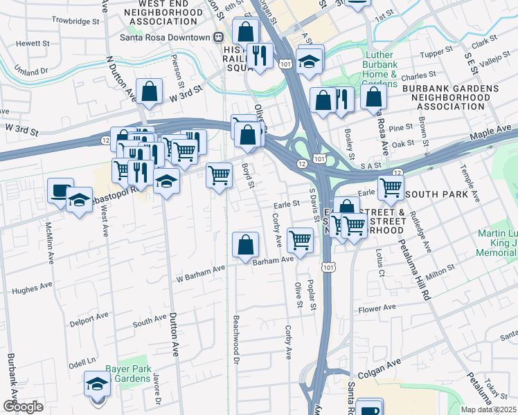 map of restaurants, bars, coffee shops, grocery stores, and more near 750 Boyd Street in Santa Rosa