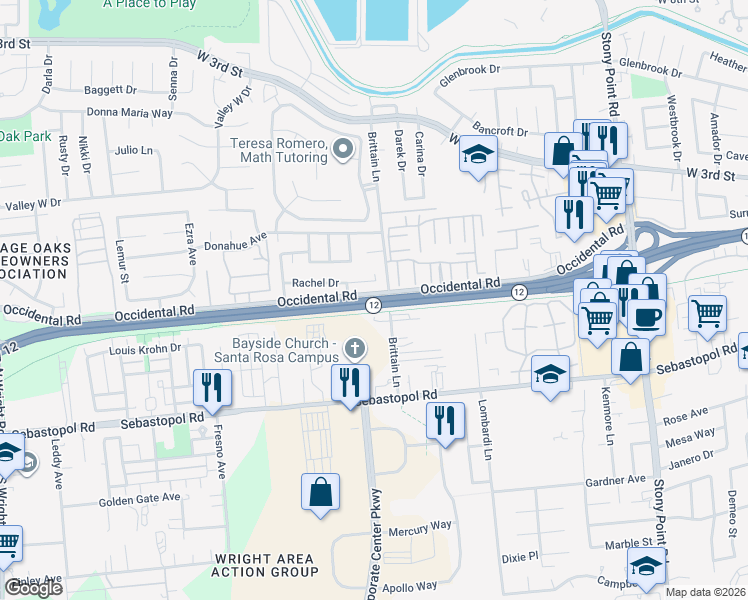 map of restaurants, bars, coffee shops, grocery stores, and more near Luther Burbank Memorial Highway in Santa Rosa