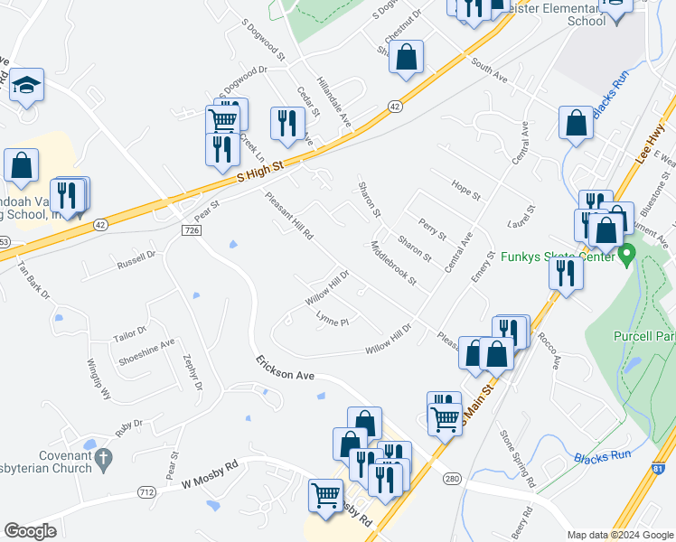 map of restaurants, bars, coffee shops, grocery stores, and more near 1809 Willow Hill Drive in Harrisonburg