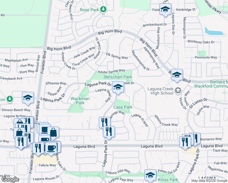 map of restaurants, bars, coffee shops, grocery stores, and more near 5350 Laguna Park Drive in Elk Grove