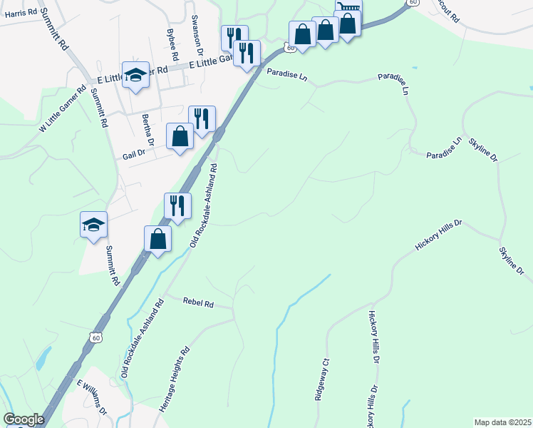 map of restaurants, bars, coffee shops, grocery stores, and more near 1301-1599 Cr-1382 in Ashland