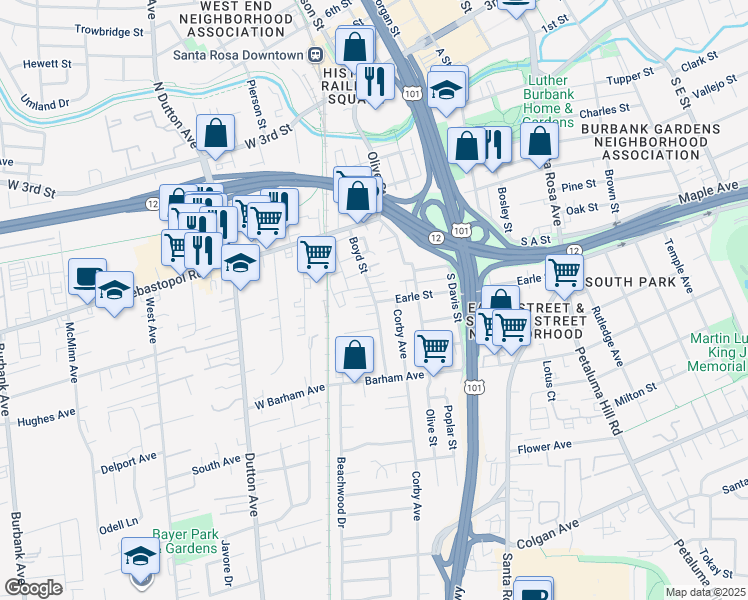 map of restaurants, bars, coffee shops, grocery stores, and more near 815 Boyd Street in Santa Rosa