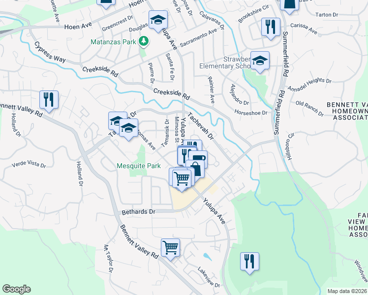 map of restaurants, bars, coffee shops, grocery stores, and more near Yulupa Avenue & Woodlake Drive in Santa Rosa