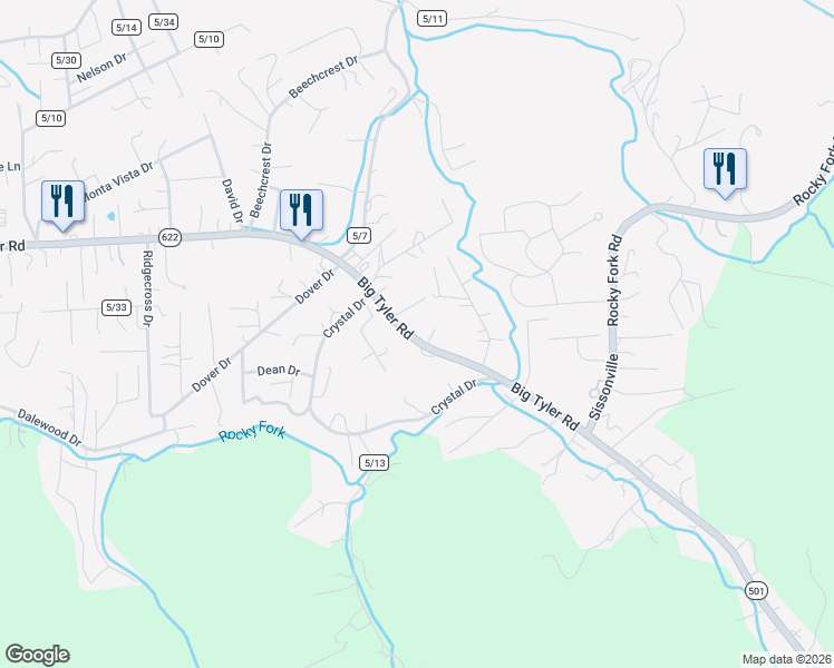 map of restaurants, bars, coffee shops, grocery stores, and more near 74 Rainbow Dr in Cross Lanes