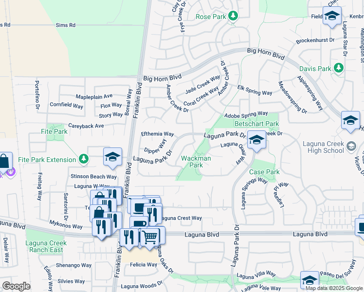 map of restaurants, bars, coffee shops, grocery stores, and more near 9034 Weeping Fig Way in Elk Grove