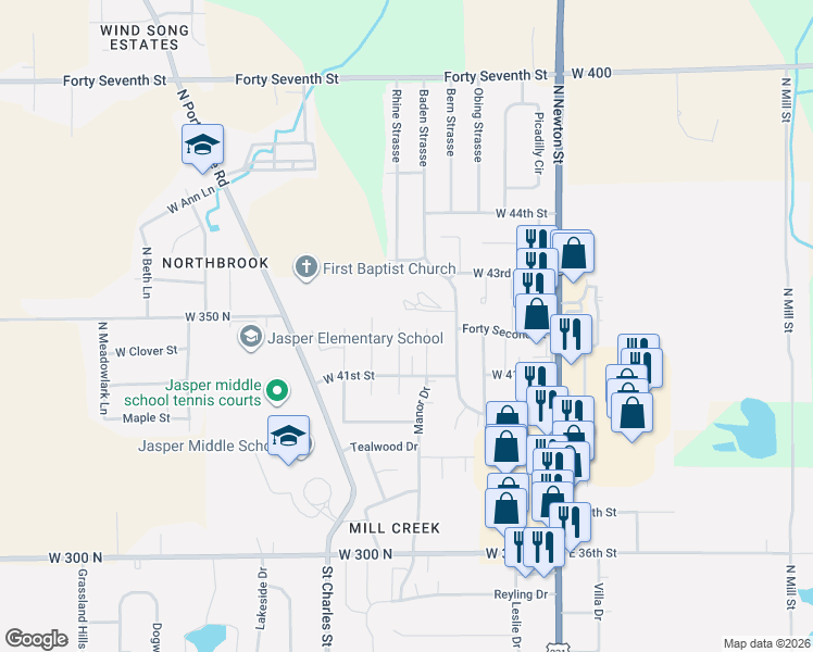 map of restaurants, bars, coffee shops, grocery stores, and more near 4194 Lee Drive in Jasper