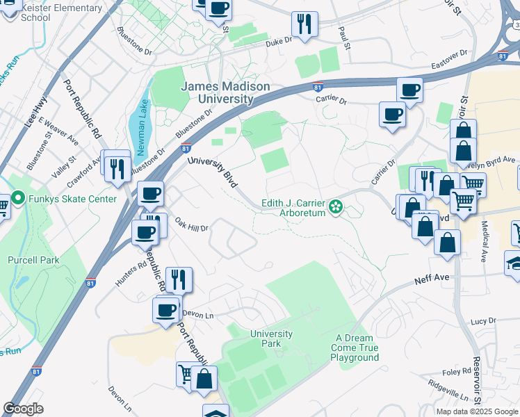 map of restaurants, bars, coffee shops, grocery stores, and more near 831 University Boulevard in Harrisonburg