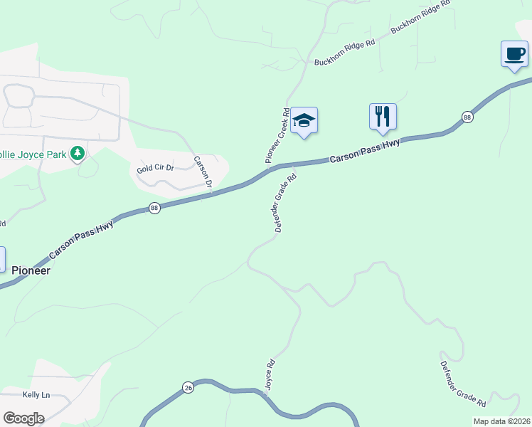 map of restaurants, bars, coffee shops, grocery stores, and more near 24511 Defender Grade Road in Pioneer
