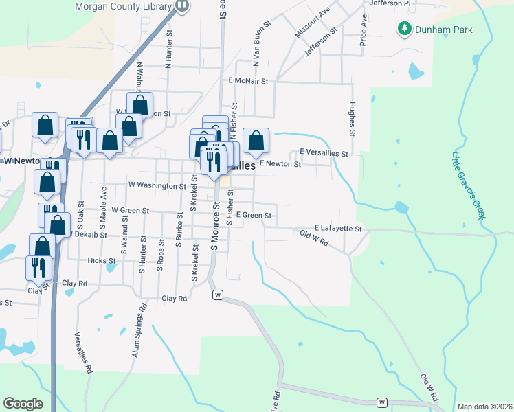 map of restaurants, bars, coffee shops, grocery stores, and more near 200 South Van Buren Street in Versailles
