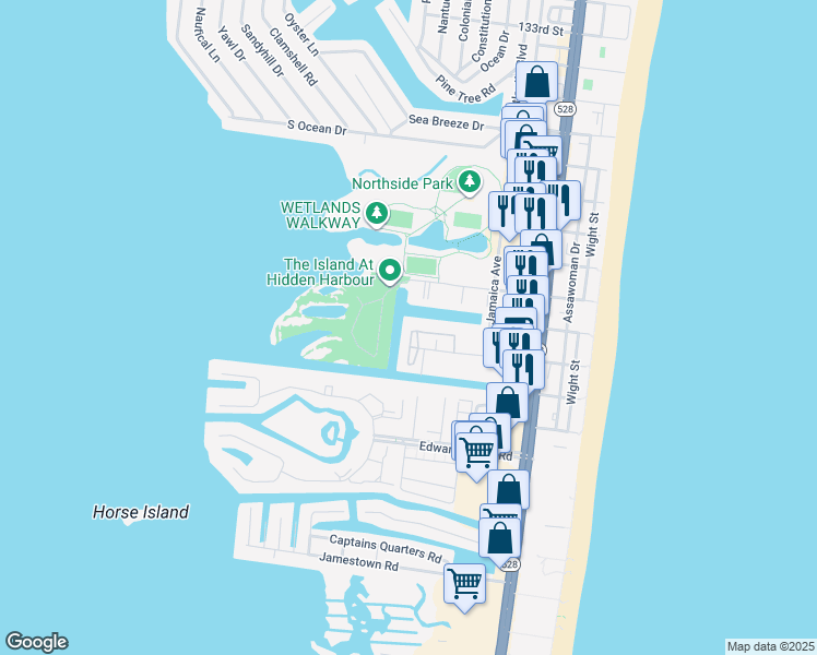map of restaurants, bars, coffee shops, grocery stores, and more near 203 125th Street in Ocean City