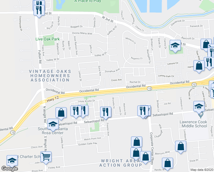 map of restaurants, bars, coffee shops, grocery stores, and more near 307 Westmont Place in Santa Rosa