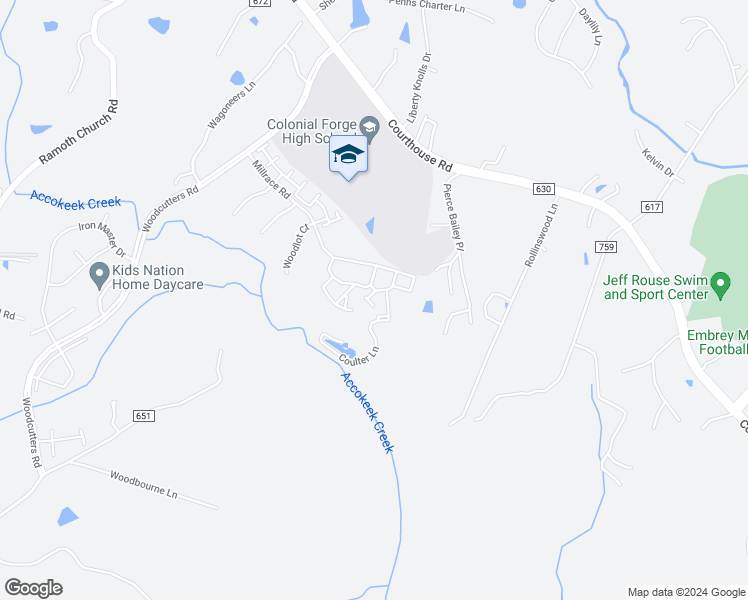 map of restaurants, bars, coffee shops, grocery stores, and more near 7 Flint Court in Stafford