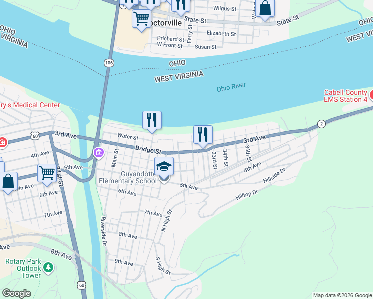 map of restaurants, bars, coffee shops, grocery stores, and more near 429 Water Street in Huntington