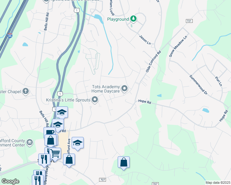 map of restaurants, bars, coffee shops, grocery stores, and more near 4 Sable Lane in Stafford