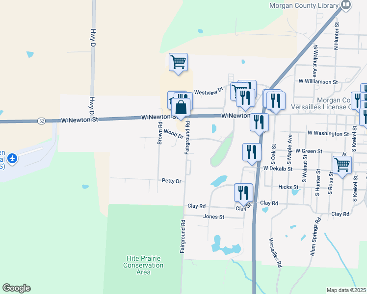 map of restaurants, bars, coffee shops, grocery stores, and more near 205 Fairgrounds Rd in Versailles