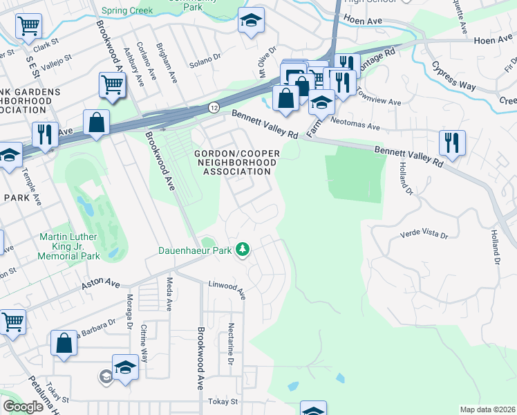 map of restaurants, bars, coffee shops, grocery stores, and more near 1945 Cooper Drive in Santa Rosa