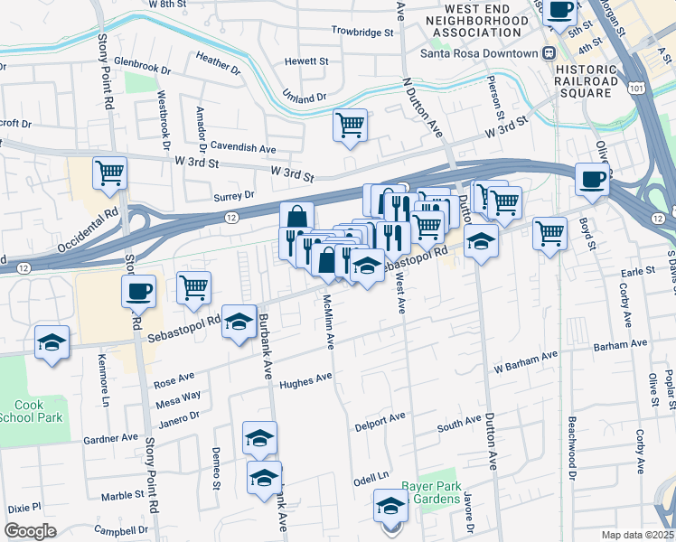 map of restaurants, bars, coffee shops, grocery stores, and more near 995 Sebastopol Road in Santa Rosa
