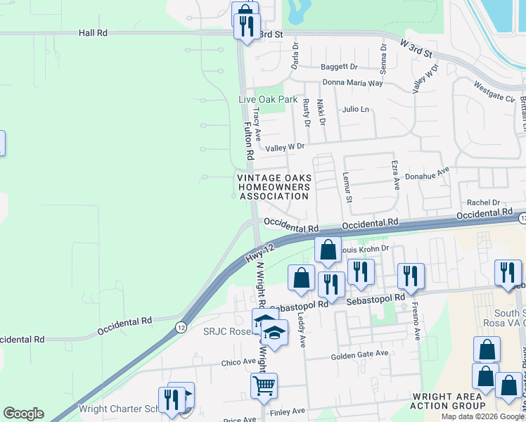 map of restaurants, bars, coffee shops, grocery stores, and more near 2462 San Pedro Drive in Santa Rosa