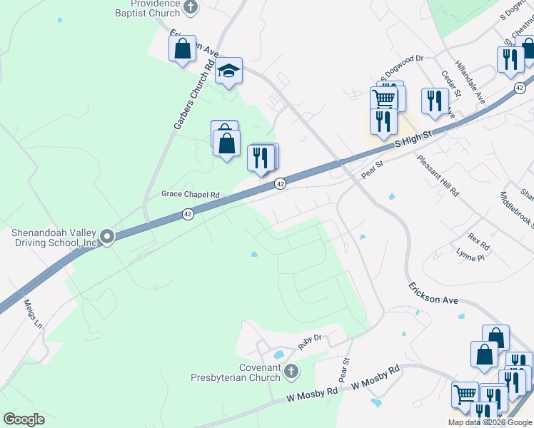 map of restaurants, bars, coffee shops, grocery stores, and more near 670 Moonview Court in Harrisonburg
