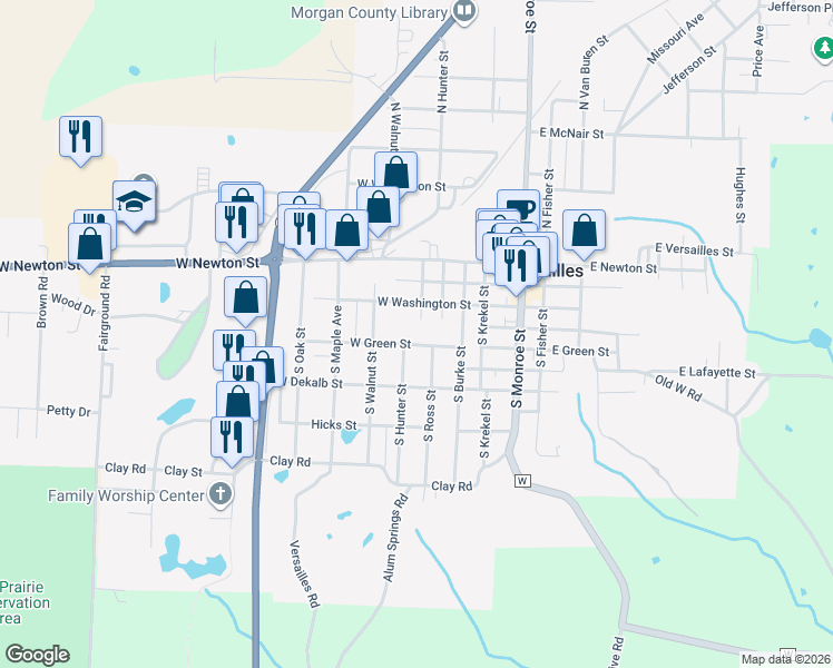 map of restaurants, bars, coffee shops, grocery stores, and more near 406 W Washington St in Versailles