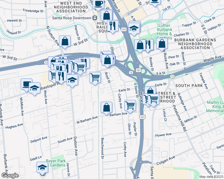 map of restaurants, bars, coffee shops, grocery stores, and more near 740 Boyd Street in Santa Rosa