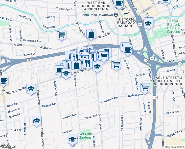 map of restaurants, bars, coffee shops, grocery stores, and more near in Santa Rosa