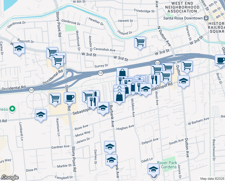 map of restaurants, bars, coffee shops, grocery stores, and more near 61 Romani Court in Santa Rosa
