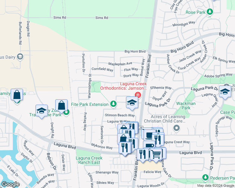map of restaurants, bars, coffee shops, grocery stores, and more near 9056 Allbritton Way in Elk Grove