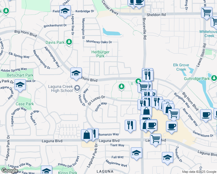 map of restaurants, bars, coffee shops, grocery stores, and more near 9009 Fernway Court in Elk Grove