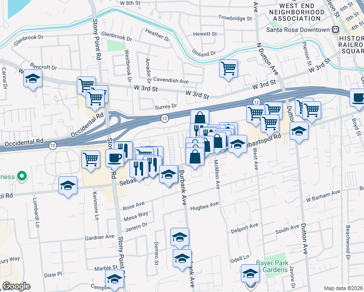 map of restaurants, bars, coffee shops, grocery stores, and more near 87 Roundelay Lane in Santa Rosa