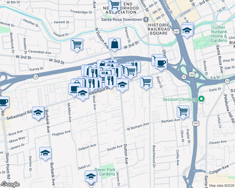 map of restaurants, bars, coffee shops, grocery stores, and more near 595 Dutton Avenue in Santa Rosa