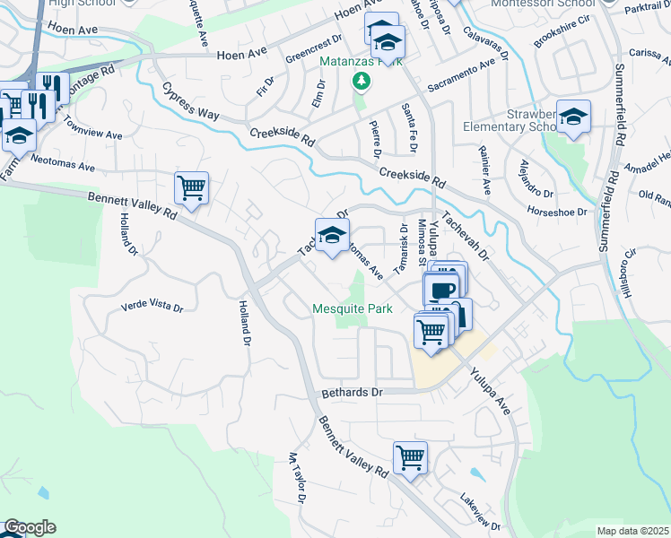 map of restaurants, bars, coffee shops, grocery stores, and more near 2250 Mesquite Drive in Santa Rosa