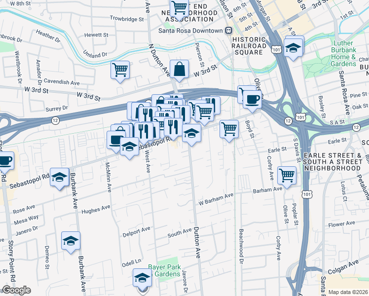 map of restaurants, bars, coffee shops, grocery stores, and more near in Santa Rosa