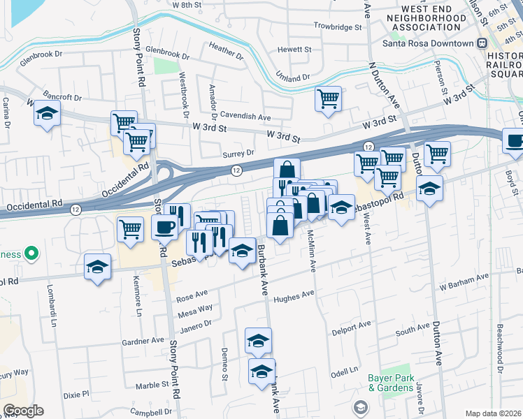 map of restaurants, bars, coffee shops, grocery stores, and more near 87 Roundelay Lane in Santa Rosa