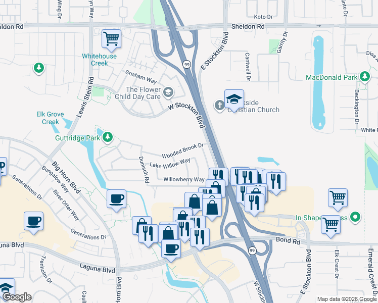 map of restaurants, bars, coffee shops, grocery stores, and more near 8273 Wooded Brook Drive in Elk Grove