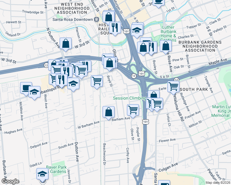 map of restaurants, bars, coffee shops, grocery stores, and more near 710-750 Boyd Street in Santa Rosa