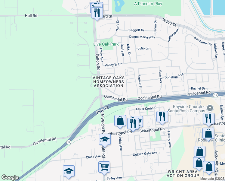 map of restaurants, bars, coffee shops, grocery stores, and more near 2445 San Pedro Drive in Santa Rosa