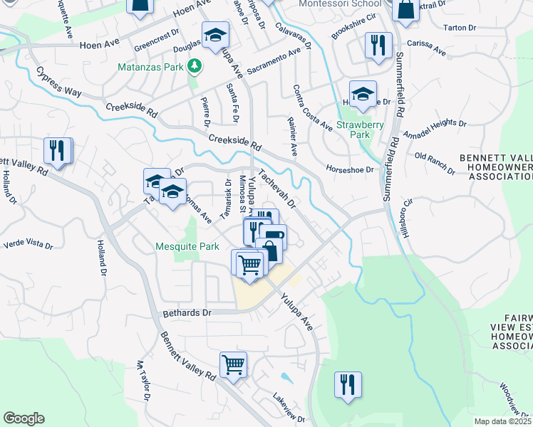 map of restaurants, bars, coffee shops, grocery stores, and more near 3008 Woodlake Drive in Santa Rosa