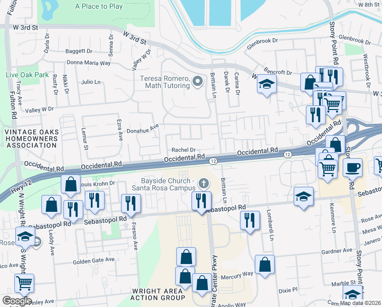 map of restaurants, bars, coffee shops, grocery stores, and more near 2165 Rachel Drive in Santa Rosa