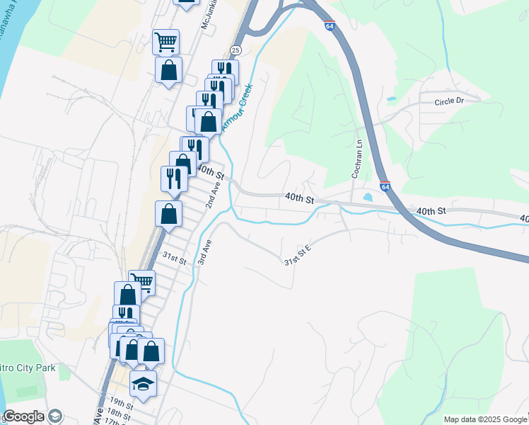 map of restaurants, bars, coffee shops, grocery stores, and more near 3955 39th Street East in Nitro