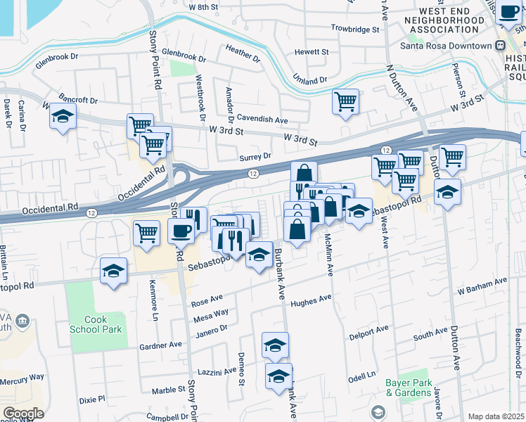 map of restaurants, bars, coffee shops, grocery stores, and more near 87 Roundelay Lane in Santa Rosa