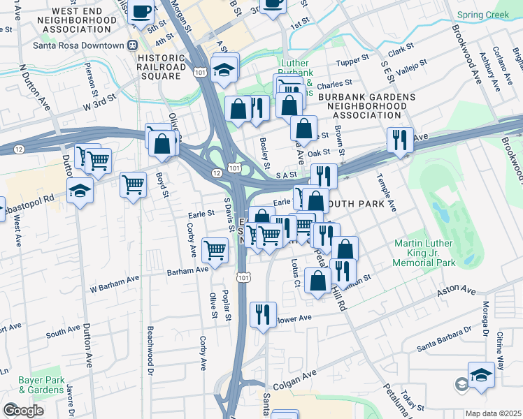 map of restaurants, bars, coffee shops, grocery stores, and more near 419 Earle Street in Santa Rosa