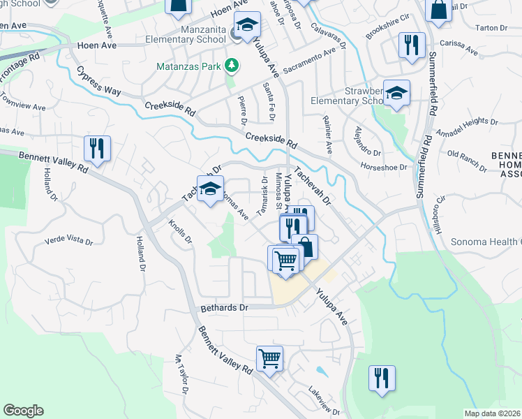 map of restaurants, bars, coffee shops, grocery stores, and more near 2521 Tamarisk Drive in Santa Rosa